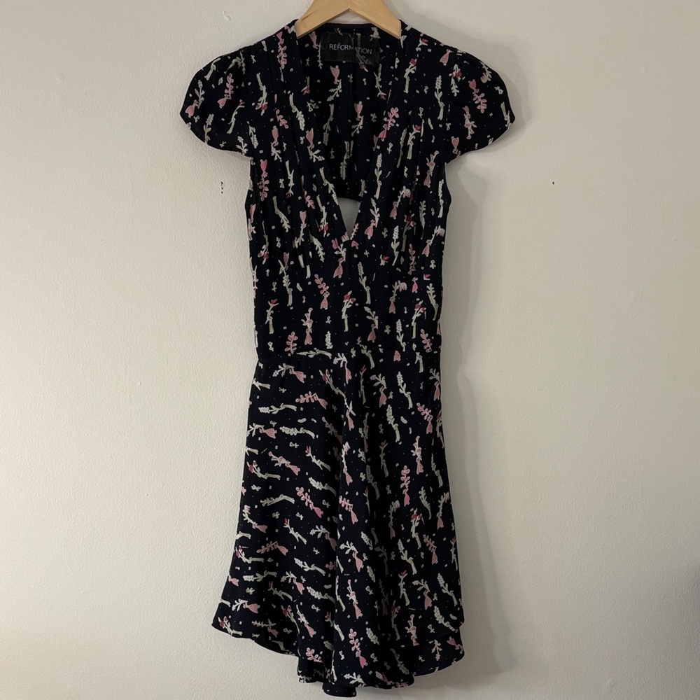 Reformation XS Black Floral Mini Dress Whimsigoth Novelty Print 90s Grunge Girly